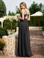 Spaghetti Straps V-neck Chiffon Dress With Slit Black