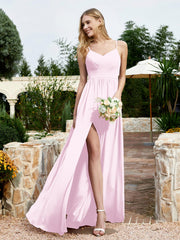 Spaghetti Straps V-neck Chiffon Dress With Slit Blushing Pink
