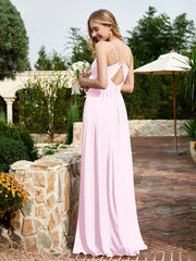 Spaghetti Straps V-neck Chiffon Dress With Slit Blushing Pink