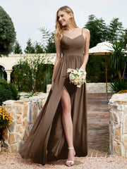 Spaghetti Straps V-neck Chiffon Dress With Slit Brown