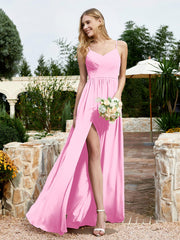 Spaghetti Straps V-neck Chiffon Dress With Slit Candy Pink