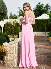 Spaghetti Straps V-neck Chiffon Dress With Slit Candy Pink