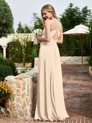 Spaghetti Straps V-neck Chiffon Dress With Slit Champagne