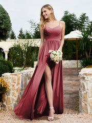 Spaghetti Straps V-neck Chiffon Dress With Slit Cinnamon Rose