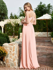 Spaghetti Straps V-neck Chiffon Dress With Slit Coral