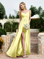 Spaghetti Straps V-neck Chiffon Dress With Slit Daffodil