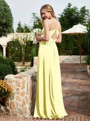 Spaghetti Straps V-neck Chiffon Dress With Slit Daffodil