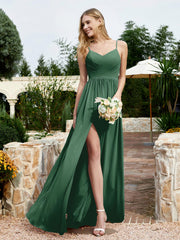 Spaghetti Straps V-neck Chiffon Dress With Slit Dark Green