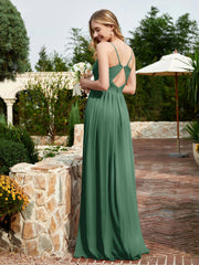 Spaghetti Straps V-neck Chiffon Dress With Slit Dark Green