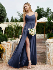 Spaghetti Straps V-neck Chiffon Dress With Slit Dark Navy Plus Size
