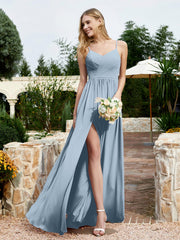 Spaghetti Straps V-neck Chiffon Dress With Slit Dusty Blue