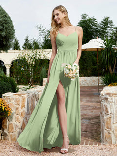 Spaghetti Straps V-neck Chiffon Dress With Slit Dusty Sage Plus Size