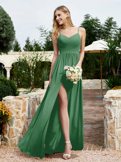 Spaghetti Straps V-neck Chiffon Dress With Slit Emerald