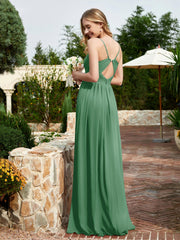 Spaghetti Straps V-neck Chiffon Dress With Slit Emerald