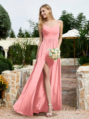 Spaghetti Straps V-neck Chiffon Dress With Slit Flamingo