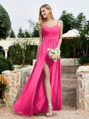 Spaghetti Straps V-neck Chiffon Dress With Slit Fuchsia