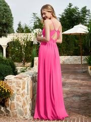Spaghetti Straps V-neck Chiffon Dress With Slit Fuchsia