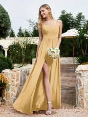Spaghetti Straps V-neck Chiffon Dress With Slit Gold