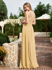 Spaghetti Straps V-neck Chiffon Dress With Slit Gold Plus Size