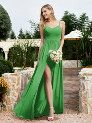 Spaghetti Straps V-neck Chiffon Dress With Slit Green