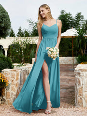 Spaghetti Straps V-neck Chiffon Dress With Slit Jade