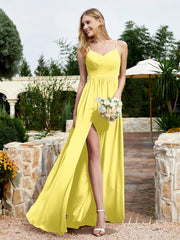 Spaghetti Straps V-neck Chiffon Dress With Slit Lemon