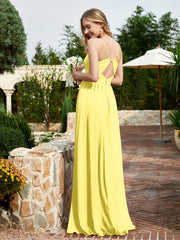 Spaghetti Straps V-neck Chiffon Dress With Slit Lemon