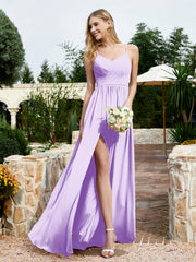 Spaghetti Straps V-neck Chiffon Dress With Slit Lilac