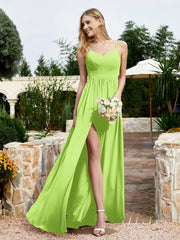 Spaghetti Straps V-neck Chiffon Dress With Slit Lime Green