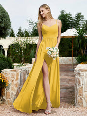 Spaghetti Straps V-neck Chiffon Dress With Slit Marigold