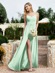 Spaghetti Straps V-neck Chiffon Dress With Slit Mint Green Plus Size