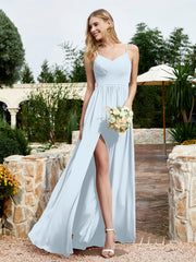 Spaghetti Straps V-neck Chiffon Dress With Slit Mist