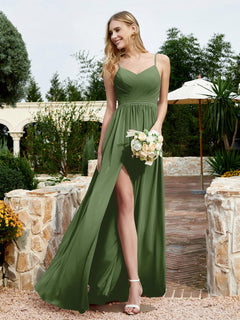 Spaghetti Straps V-neck Chiffon Dress With Slit Moss