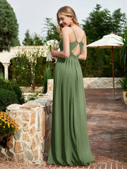 Spaghetti Straps V-neck Chiffon Dress With Slit Moss