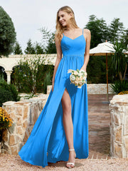 Spaghetti Straps V-neck Chiffon Dress With Slit Ocean Blue