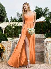 Spaghetti Straps V-neck Chiffon Dress With Slit Orange