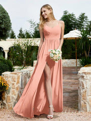 Spaghetti Straps V-neck Chiffon Dress With Slit Papaya