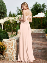 Spaghetti Straps V-neck Chiffon Dress With Slit Pearl Pink