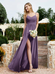 Spaghetti Straps V-neck Chiffon Dress With Slit Plum