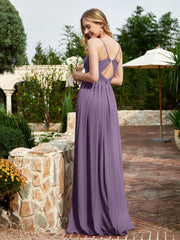 Spaghetti Straps V-neck Chiffon Dress With Slit Plum