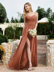 Spaghetti Straps V-neck Chiffon Dress With Slit Rust
