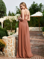 Spaghetti Straps V-neck Chiffon Dress With Slit Rust
