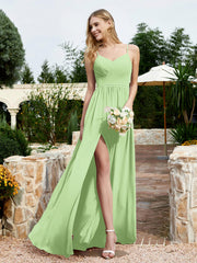 Spaghetti Straps V-neck Chiffon Dress With Slit Sage