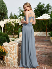 Spaghetti Straps V-neck Chiffon Dress With Slit Slate Blue