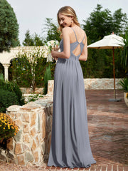 Spaghetti Straps V-neck Chiffon Dress With Slit Steel Grey