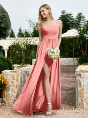 Spaghetti Straps V-neck Chiffon Dress With Slit Sunset