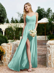 Spaghetti Straps V-neck Chiffon Dress With Slit Turquoise