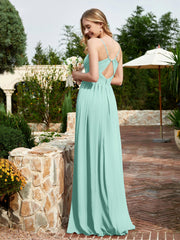 Spaghetti Straps V-neck Chiffon Dress With Slit Turquoise