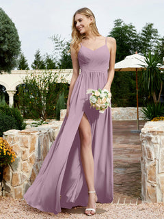 Spaghetti Straps V-neck Chiffon Dress With Slit Vintage Mauve