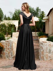 Cap Sleeve V-neck Satin Dress With Pocket Black